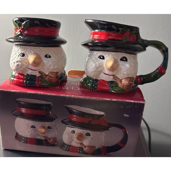 Vintage Ceramic Christmas Snowman Sugar and Creamer Set Trimmings Etc - Picture 1 of 7